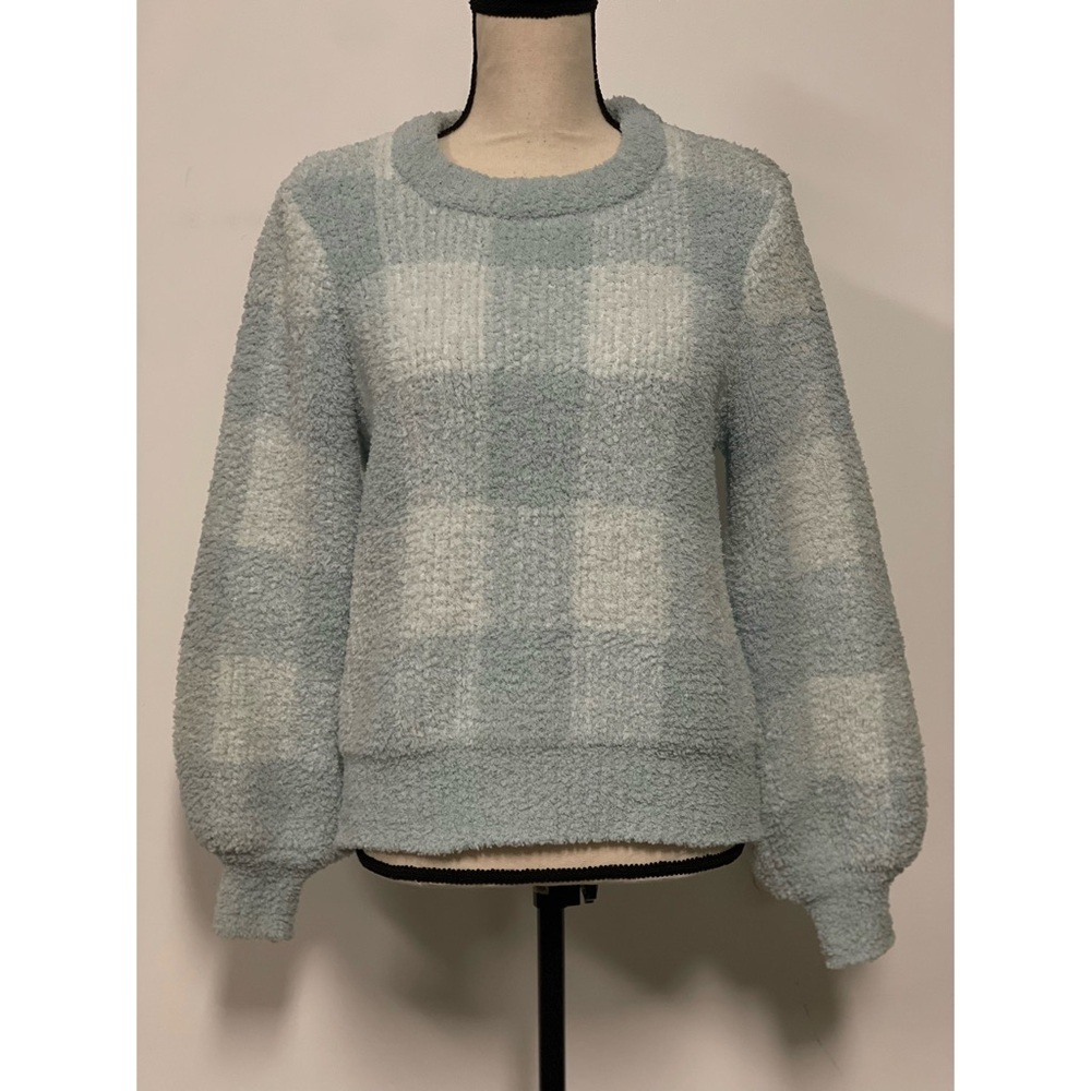 LC Lauren Conrad Sherpa Crewneck Sweater Buffalo Plaid Blue Size M